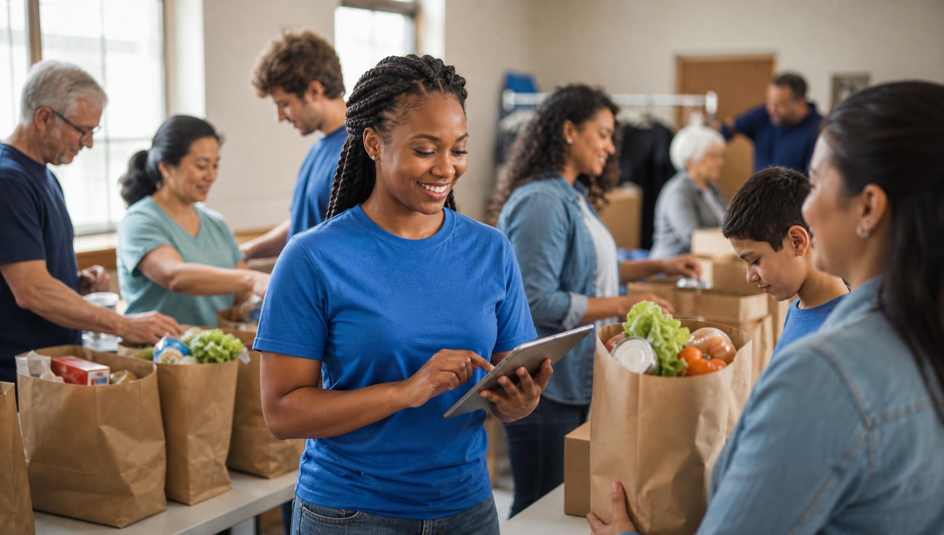Volunteers packing grocery bags and organizing food donations together
